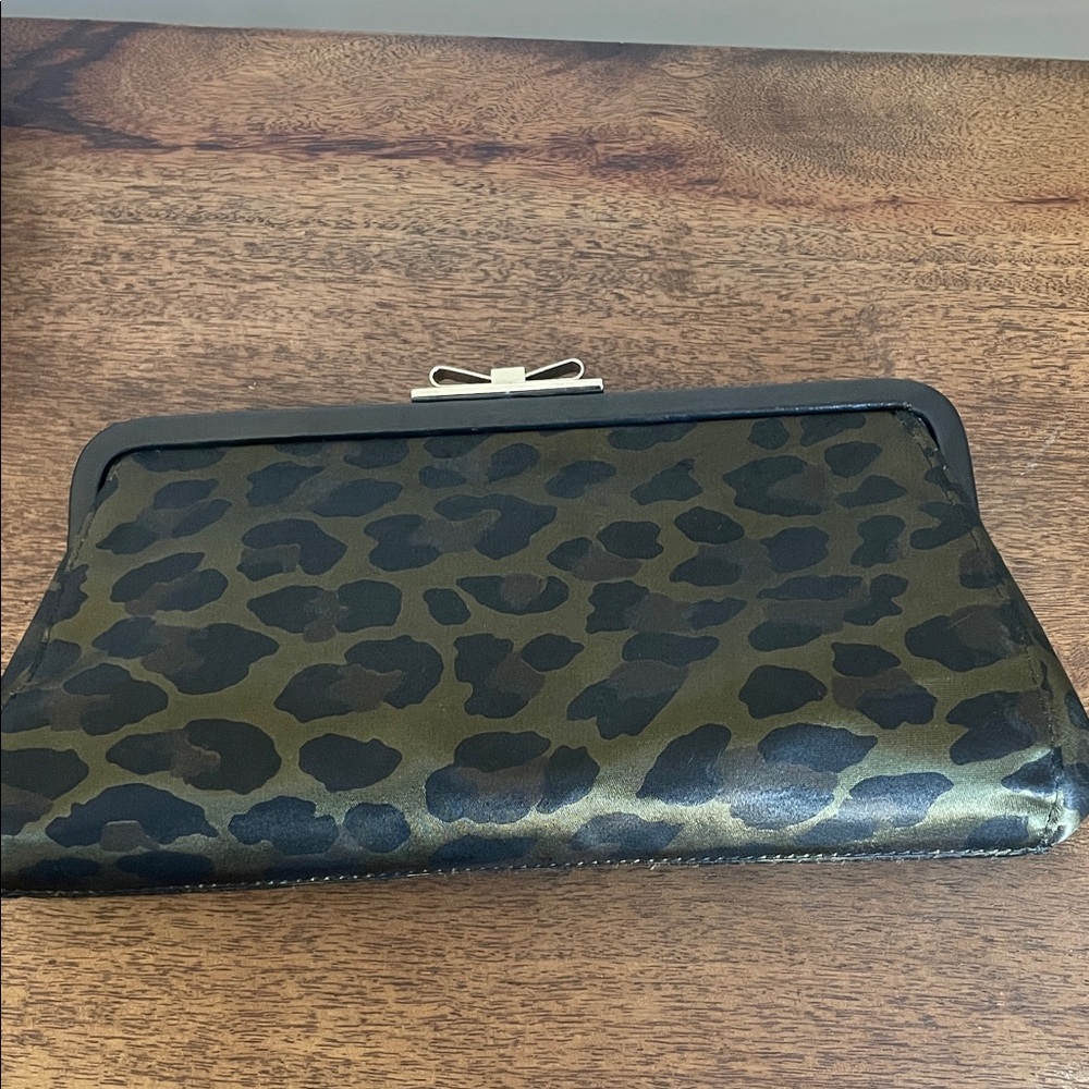 Furla Metallic Bow Clasp Clutch in Dark Green Leopard Print